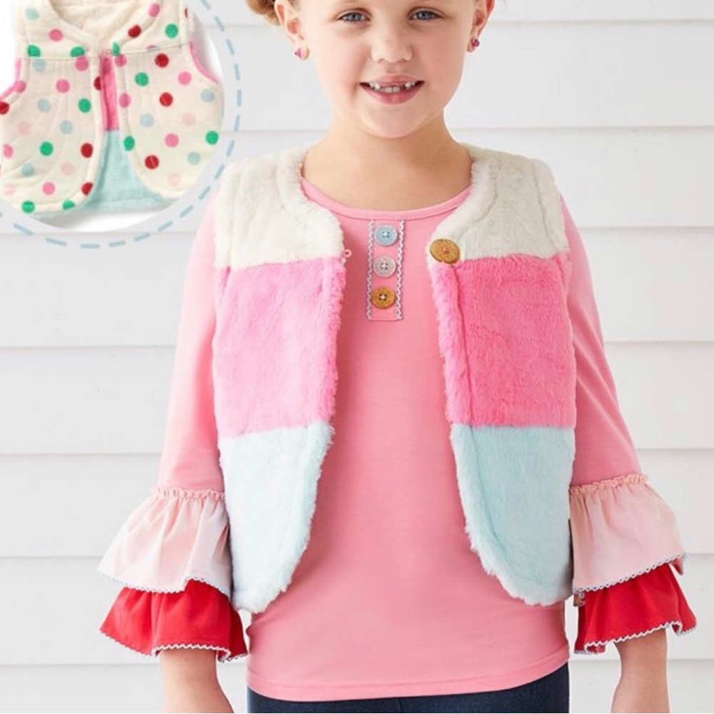 Matilda Jane gumdrop lane striped faux fur and polka dot reversible vest size 4 - Picture 1 of 14